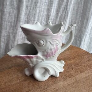 Vintage Shaving Scuttle Mug White Pink Fish Grotesque Gold Trim Victorian